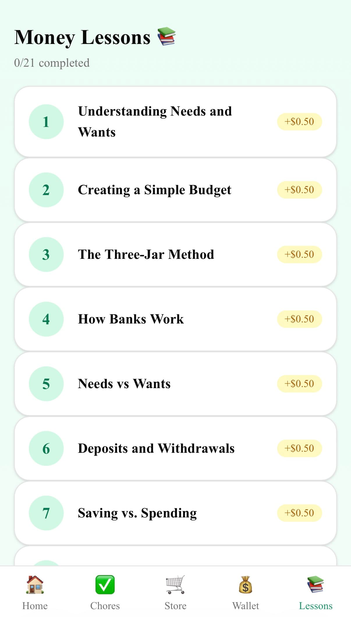 Money lessons screen